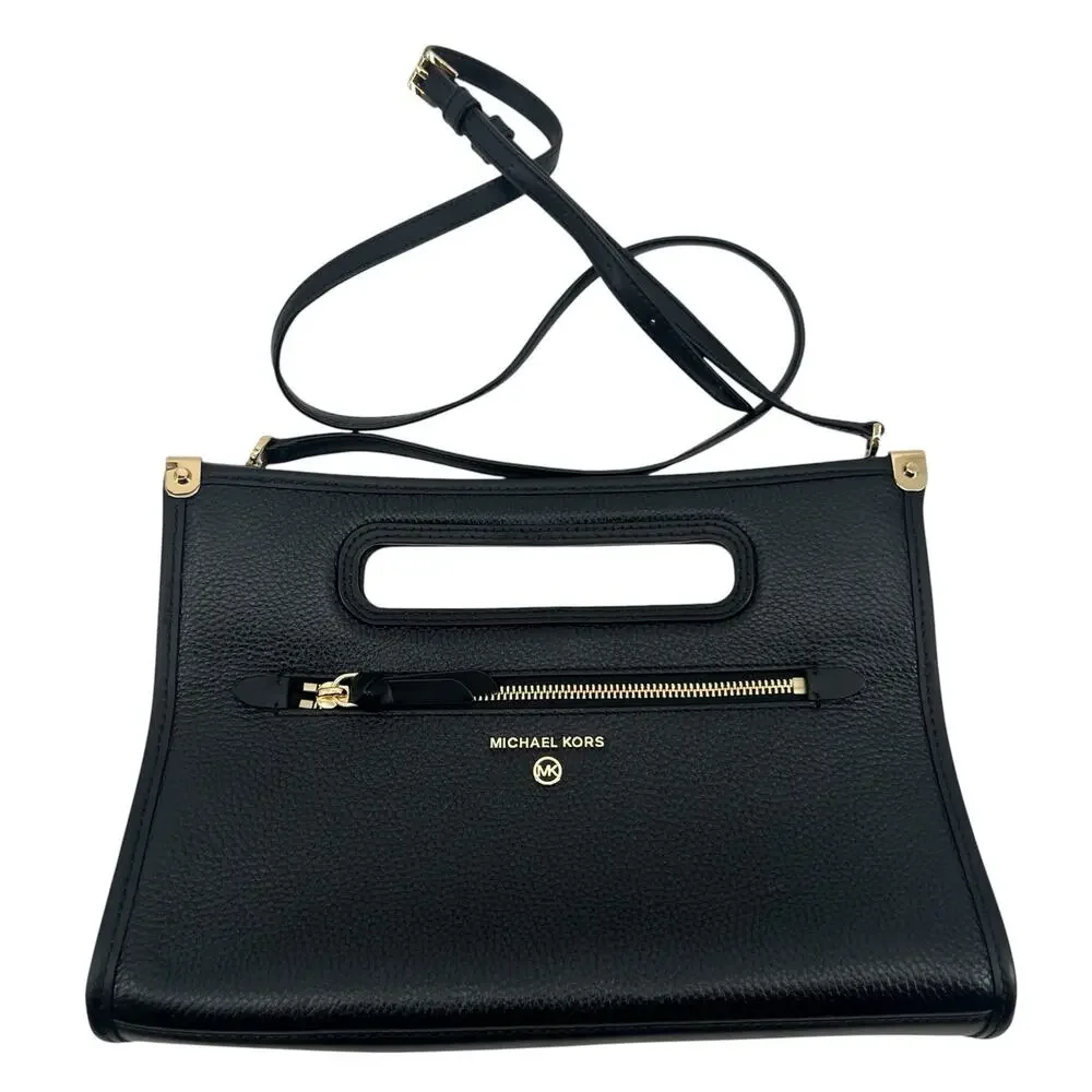 Michael Kors Jane Large Clutch Bag black pebbled leather crossbody luxe gold HW